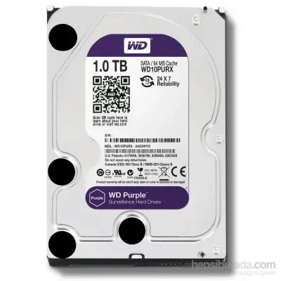 WD 1TB Purple 3.5” Güvenlik HDD – SATA3, 5400RPM, 64MB, WD10PURZ (3 Yıl Garanti) - 1